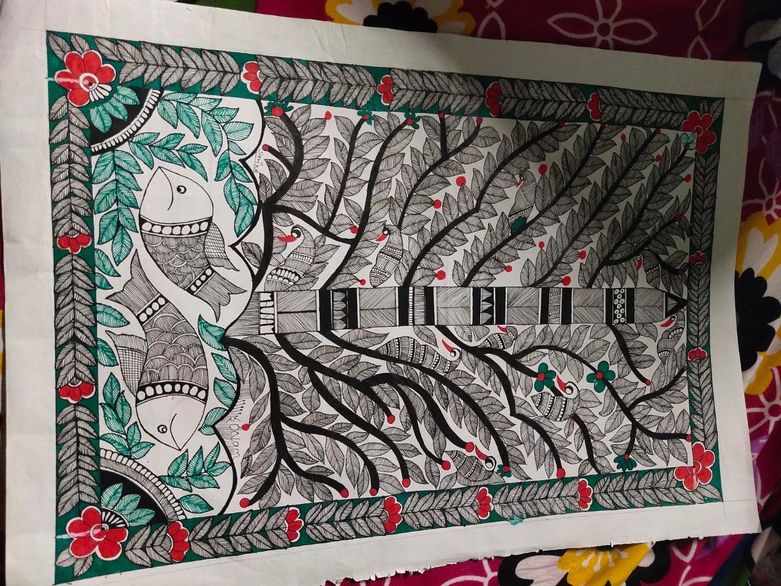 Original Tree of Life Madhubani painting showcasing traditional Mithila folk art motifs